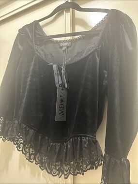 Widow Black Velvet Lace-Trim Peplum Blouse